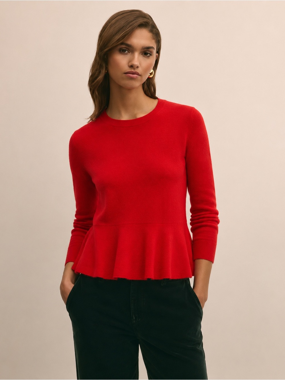 Bloomingdale’s 100% 2 Ply Cashmere Peplum Skirted Sweater Red Size Small *L